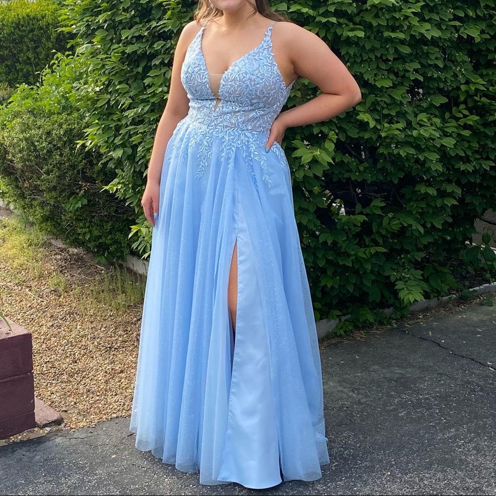 Pastel Blue Tule Glittery Prom Dress